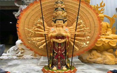 寺廟景區(qū)玻璃鋼漆金大型景觀千手觀音雕塑