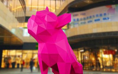 廣場創意玻璃鋼幾何玫紅色狗雕塑