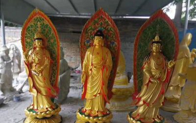 玻璃鋼宗教廟宇漆金立式西方三圣佛雕塑